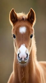 Chestnut foal portrait shows white blaze and soft focus field