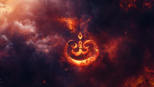 Fiery abstract symbol glowing in a dark cosmic nebula.