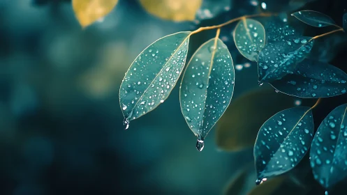 Macro optical study of rain-soaked teal foliage geometry.