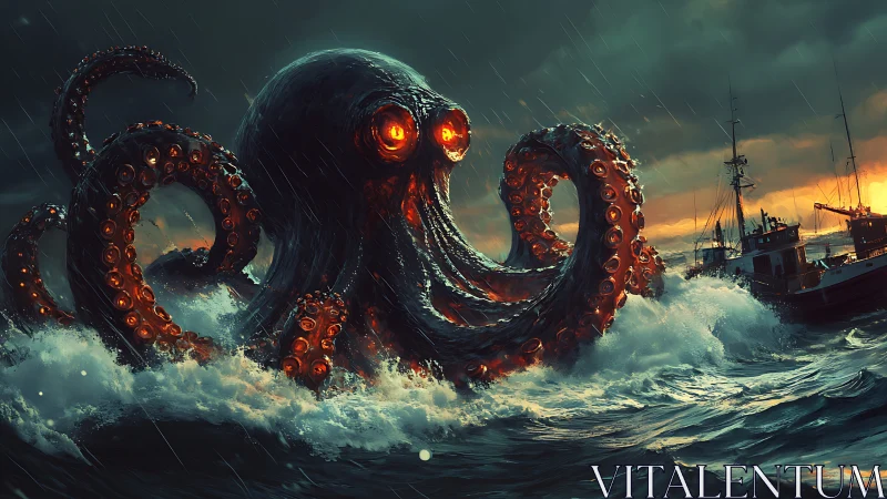 Stormlit kraken rises roaring over panicked twilight trawlers