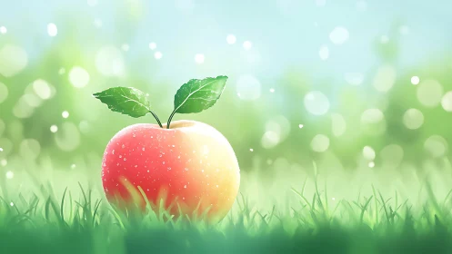 Chromatic dew-coated apple in luminous bokeh meadow field.