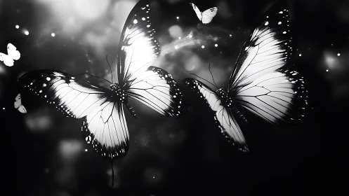 Monochrome butterflies in luminous abstract night space.
