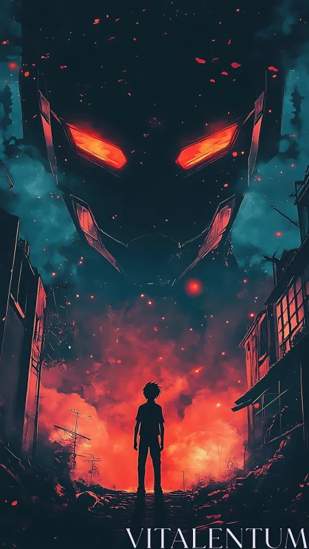 Starlit streets and a blazing sky face down a hidden giant.