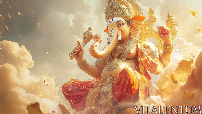 Radiant elephant deity strolls through a storm of sunlight