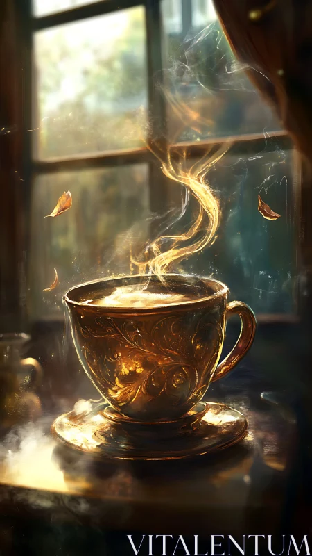 Golden ornate teacup with swirling steam by window.