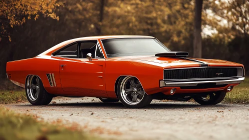 Photorealistic classic muscle car on autumn country road.