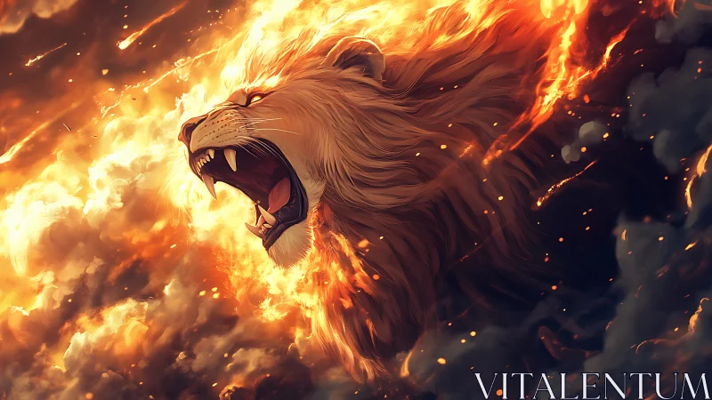 Blazing sky-lion roars through storms of molten dawn fire.