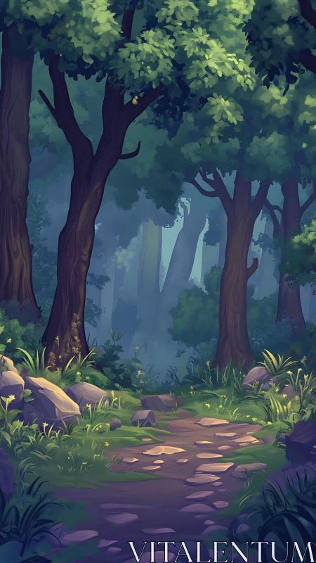 Misty Forest Path Through Ancient Trees.
