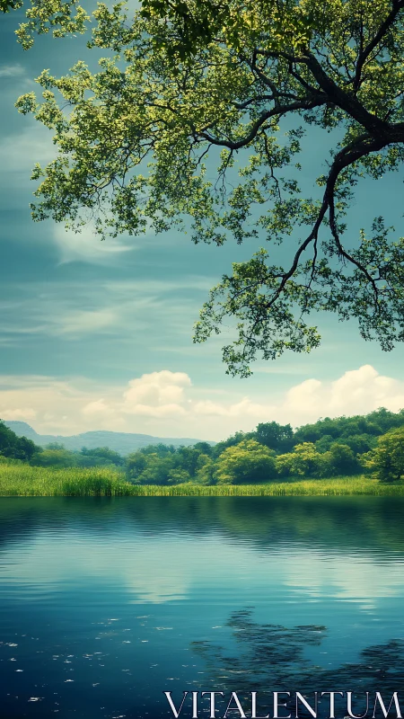 Tranquil forest lake reflects bright summer tree canopy