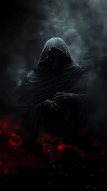 Dark hooded grim reaper figure in red and black smoke.