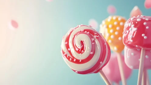 Colorful swirl lollipop and candy pops in soft pastel background.
