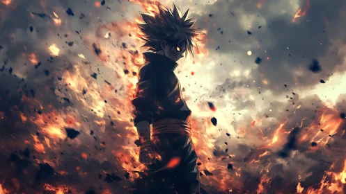 Anime inferno warrior amid explosive atmospheric rupture.