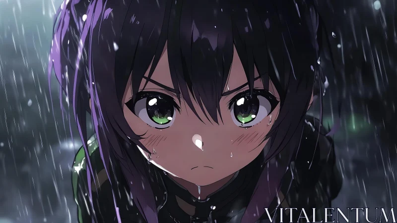 Close frontal view of wet anime girl in heavy rainfall.