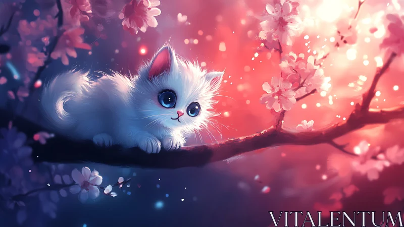 Luminous White Kitten Perched on Branch amid Cherry Blossoms and Bokeh