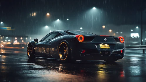Black sports car on wet city street at night in rain.