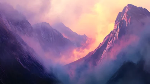 Iridescent alpine ridges dissolve into atmospheric sunset haze