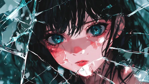 Shattered gaze of blue-eyed girl through broken glass.