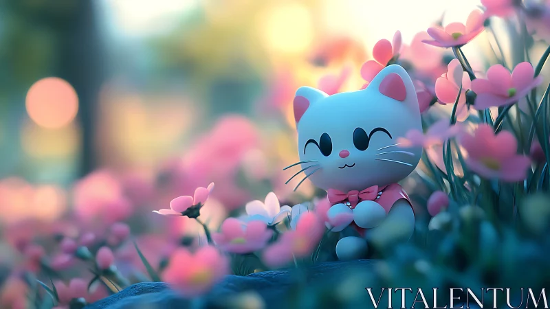 Adorable Blue Cat Among Pink Blossoms.