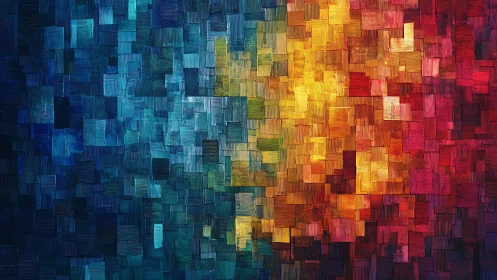 Abstract geometric mosaic in vibrant blue, yellow, and red hues.