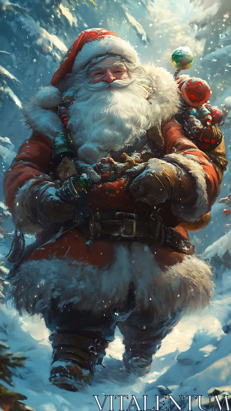 Radiant winter Santa in volumetric-lit snowy forest path.