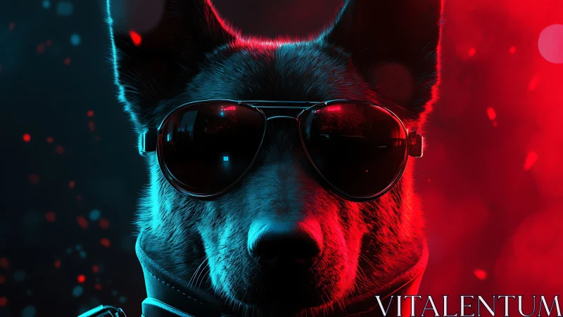 Neon-lit cyber hound in reflective aviator sunglasses.