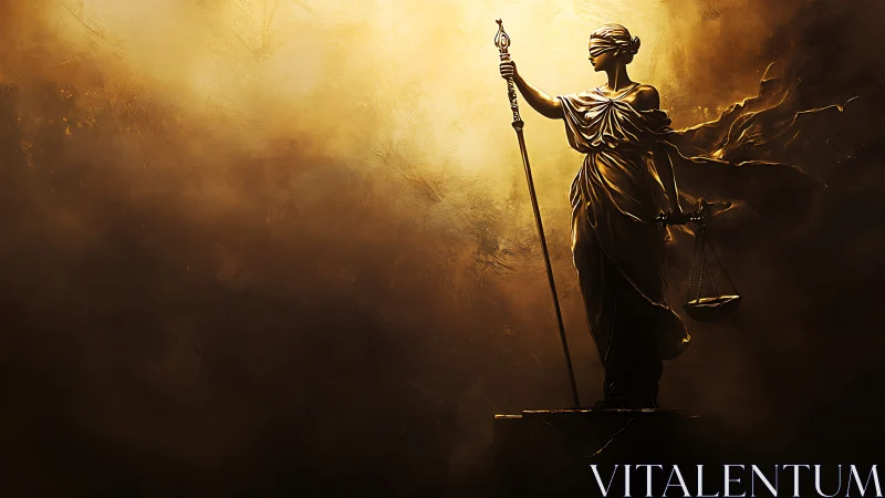 Blindfolded Lady Justice statue stands in golden light
