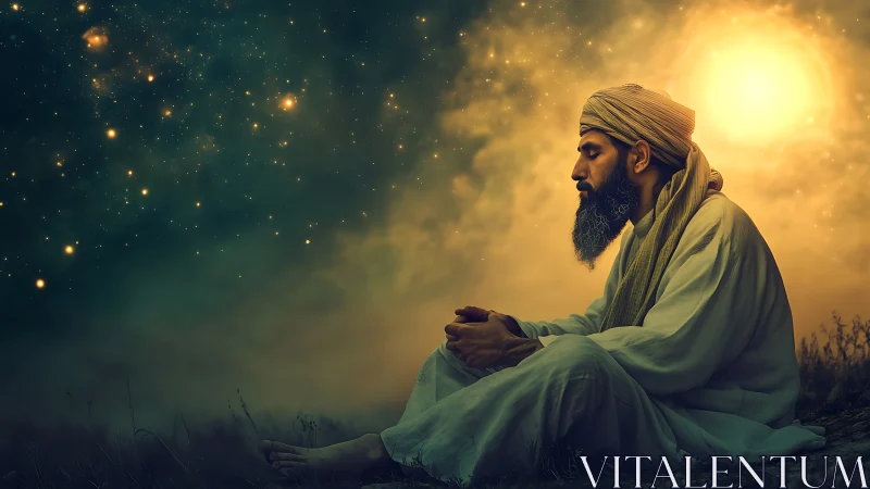 Mystic sage contemplates under radiant stars and golden sun