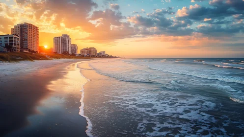 Sunlit shoreline cityscape where waves steal the spotlight.