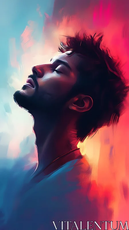 Side profile portrait of man in vivid neon lighting.