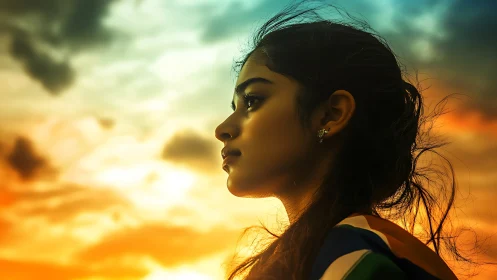 Sunlit profile portrait against vivid sunset sky.