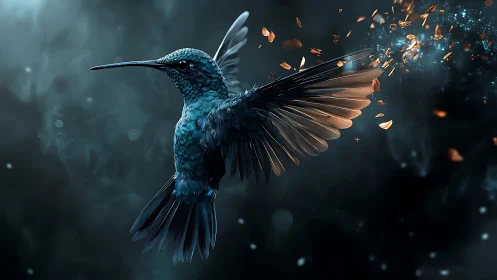 Iridescent hummingbird in shattering ember-lit flight study.