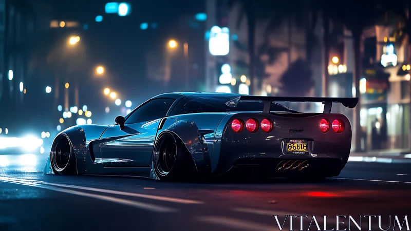 Widebody sports car idles under neon city night lights