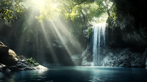 Hidden grotto waterfall kissed by luminous forest sunlight.