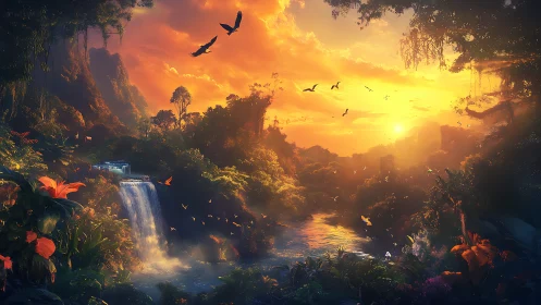 Sunset river carves glowing paths through enchanted jungle