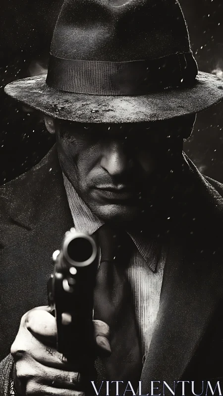 Mysterious noir detective steps from the shadows, gun raised.