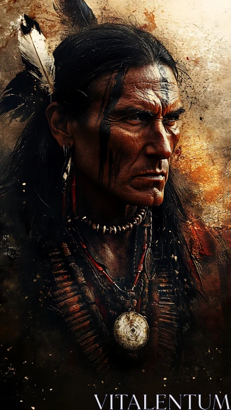 Warrior elder gazes forward in richly textured portrait.