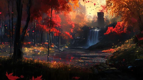 Autumn Wasteland: Tower Silhouette Over Cascading Falls.