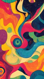 Abstract swirling shapes in bold retro color palette.