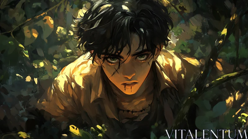 Defiant youth emerges from dense jungle shadows, eyes blazing.