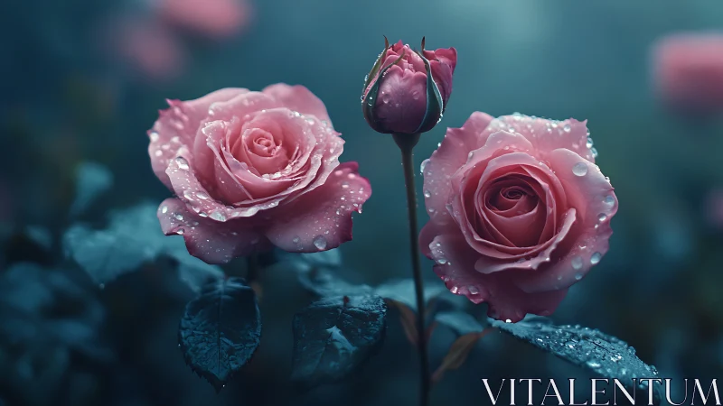 Pink Roses Glistening with Dewdrops in Moody Teal Light