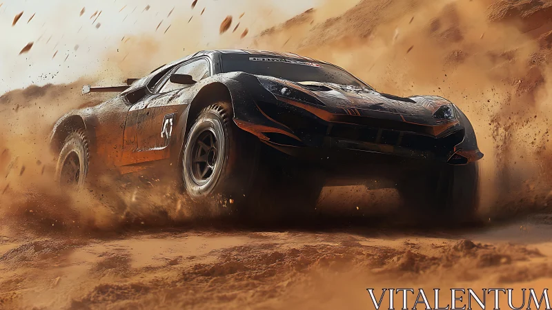 Rally raid car powerslide cuts dense dust cloud in desert