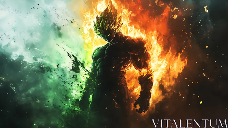 Fiery warrior silhouette splits emerald and inferno energy