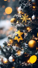 Gold ornaments on snow dusted Christmas tree branches.