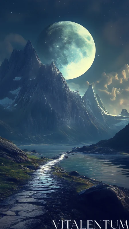 Moonlit mountain pass under colossal glowing moonrise.