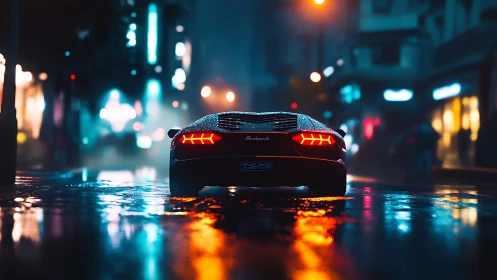 Sports car rear view on wet neon lit city street at night.