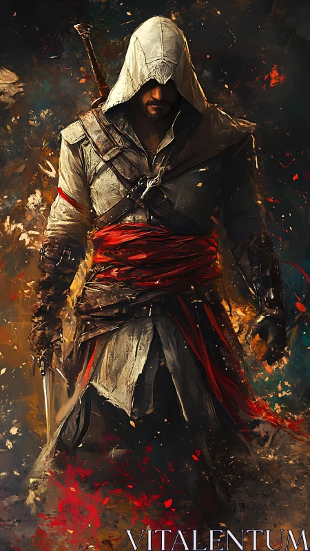 Hooded rogue warrior with blades in fiery abstract scene.