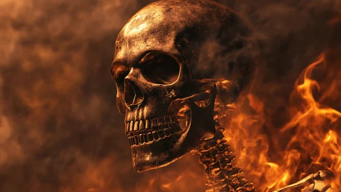 Flaming skull rises through swirling smoke and ember glow.