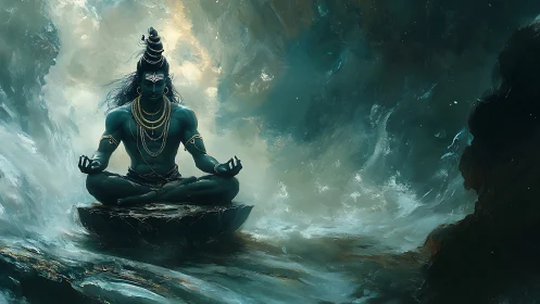 Mythic blue figure in lotus pose amid swirling water.