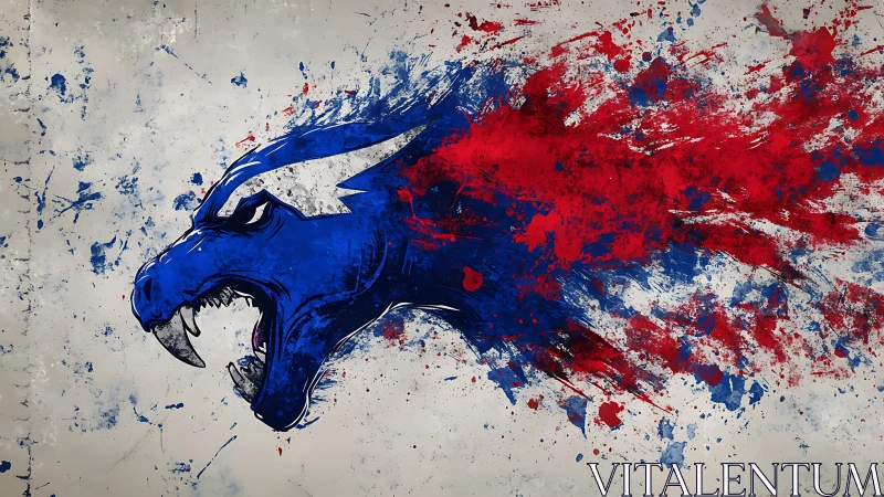 Roaring blue beast head with red and blue paint burst.