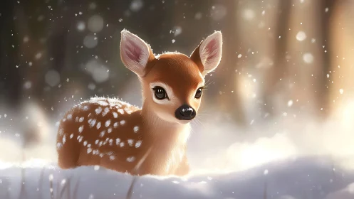 Winter fawn portrait in soft backlit snowfield ambience